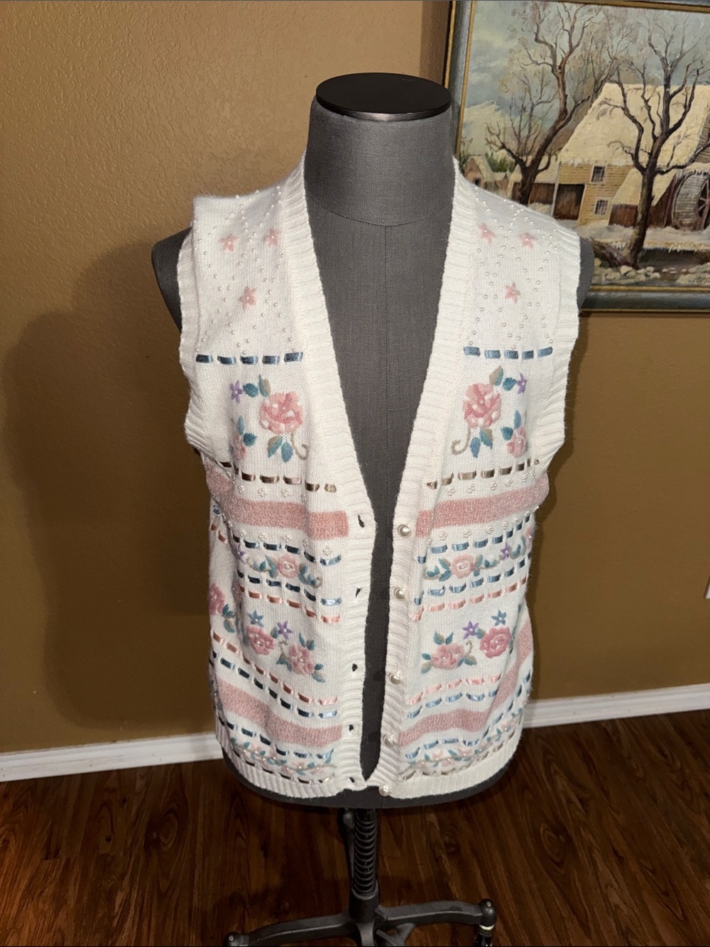White Floral Knit Sweater Vest with Pink Accents